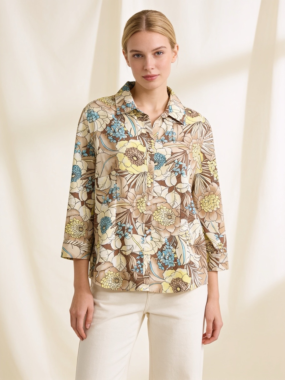 Sag Harbor Stretch Floral Button Front Shirt Small 3/4 Sleeve Cotton Beige
